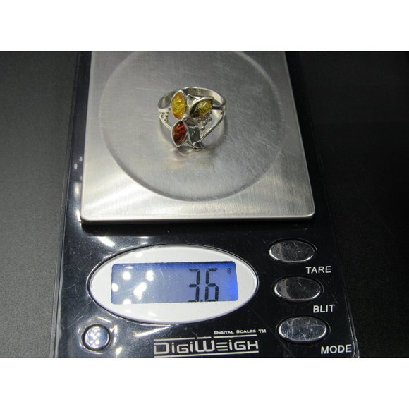 Size 9 Sterling Silver Triple Amber Floral Design Band Ring Vintage Statement - Picture 8 of 8